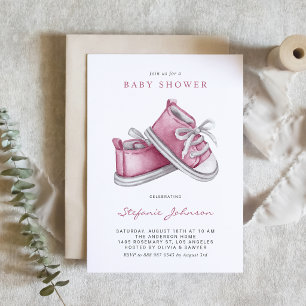 Watercolor Pink Baby Booties QR Code Baby Shower Invitation