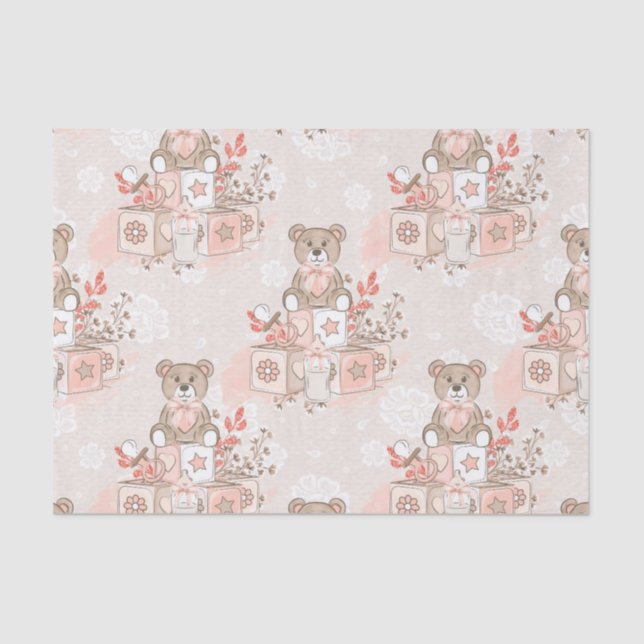 WATERCOLOR PINK BABY GIRL TEDDY BEAR BLOCKS TISSUE PAPER (Front)