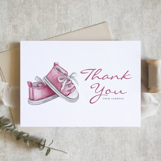 Watercolor Pink Baby Shoes Baby Shower Thank You Card (Creator Uploaded)