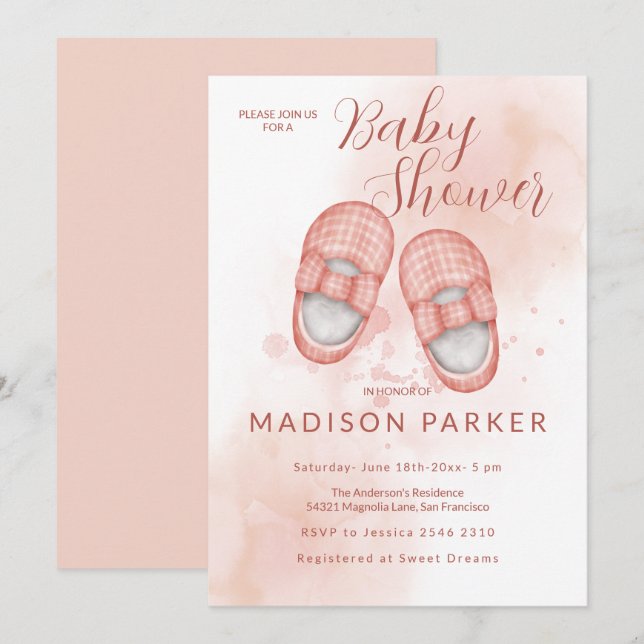 Watercolor Pink Baby Shoes Invitation (Front/Back)
