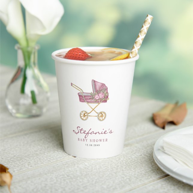 Watercolor Pink Baby Stroller Baby Shower Paper Cups (Insitu)