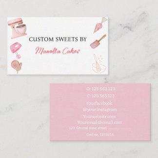 Watercolor pink baking cooking utensils bakery min business card