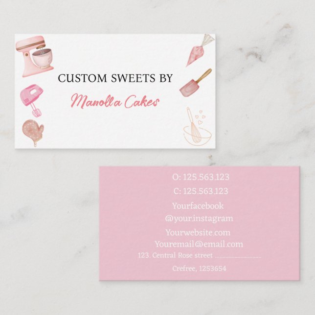 Watercolor pink baking cooking utensils bakery min business card (Front/Back)