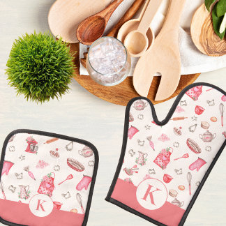 Watercolor Pink Baking Monogrammed Kitchen Oven Mitt & Pot Holder Set