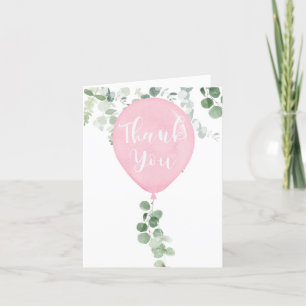 Watercolor pink balloon eucalyptus greenery thank you card