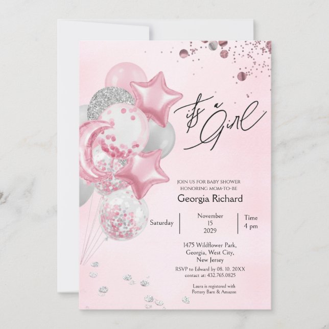 Watercolor Pink Balloons Its A Girl Baby Shower  Invitation (Front)