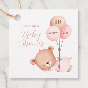 Watercolor Pink Balloons Teddy Bear Baby Shower Favour Tags