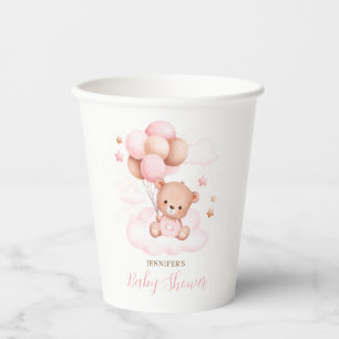 Watercolor Pink Balloons Teddy Bear Baby Shower Paper Cups