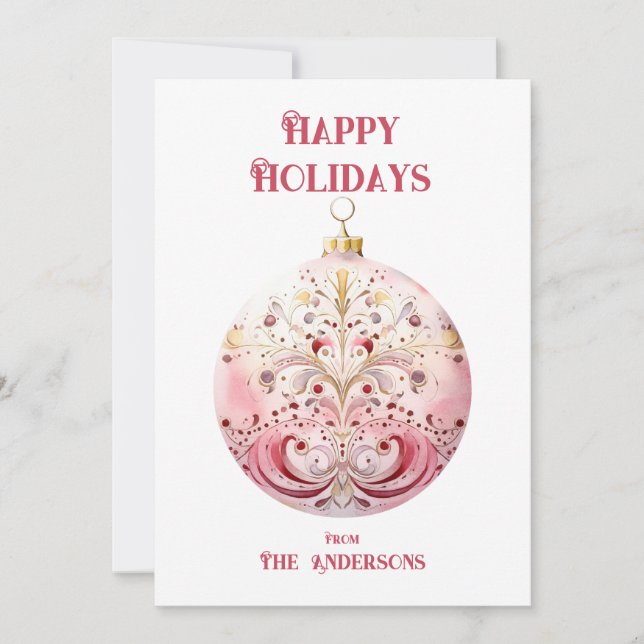 Watercolor Pink Bauble Personalised Holiday Card (Front)