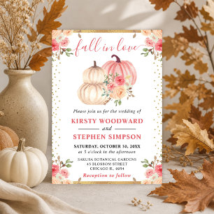 Watercolor Pink Beige Floral Pumpkins Fall Wedding Invitation