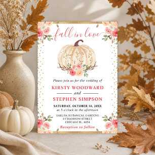Watercolor Pink Beige Floral Pumpkins Fall Wedding Invitation