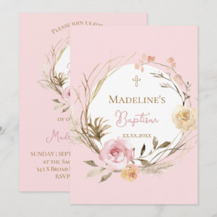 watercolor pink beige flowers Baptism Invitation