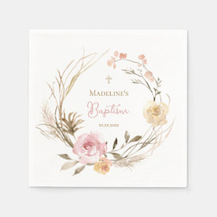  watercolor pink beige flowers Baptism Napkin