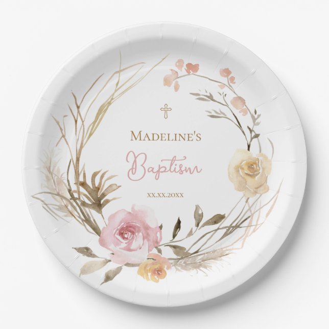  watercolor pink beige flowers Baptism Paper Plate (Front)