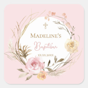 watercolor pink beige flowers Baptism Square Sticker