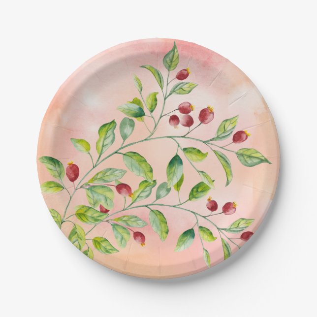 Watercolor Pink Berries and Green Foliage Wedding Paper Plate (Front)