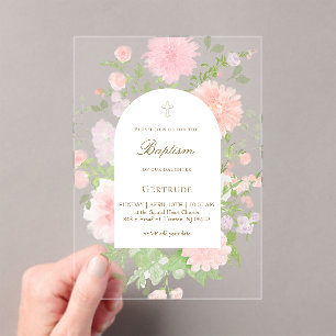 watercolor pink big flowers Baptism Acrylic Invitations