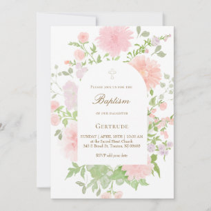 watercolor pink big flowers Baptism Invitation
