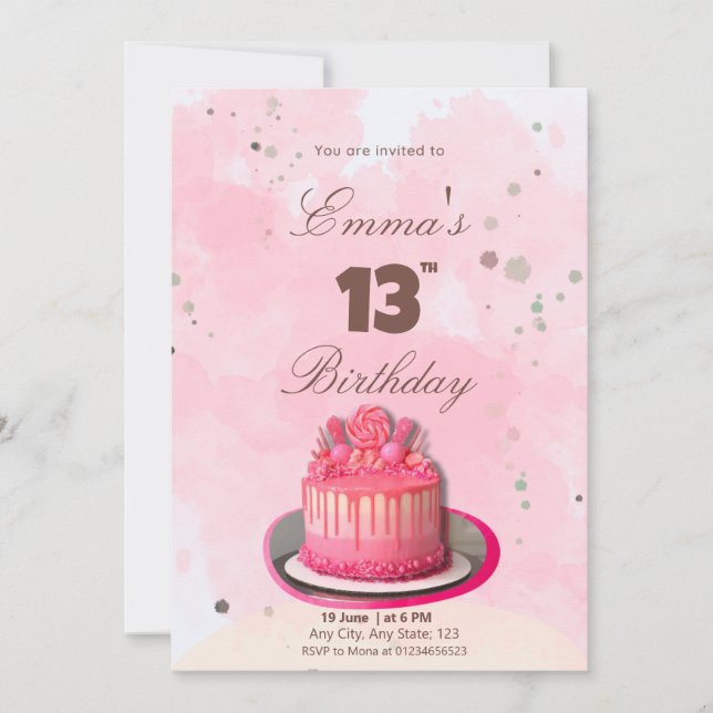 Watercolor Pink birthday cake Invitation (Front)