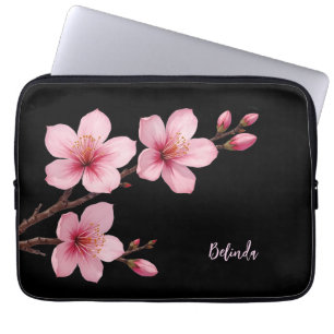 Watercolor Pink Black Cherry Blossom Monogram Laptop Sleeve