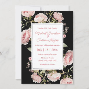 watercolor pink black floral bloom wedding invitation