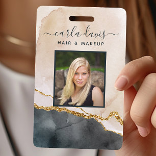 Watercolor Pink Black Gold Marble Salon ID ID Badge