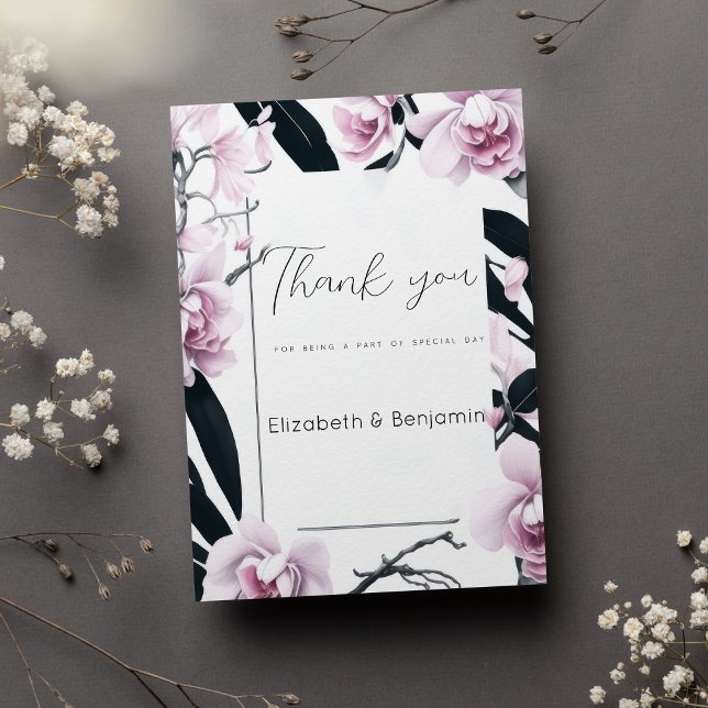 Watercolor pink black orchid flowers  Thank You Invitation (Watercolor pink black orchid flowers Thank You )