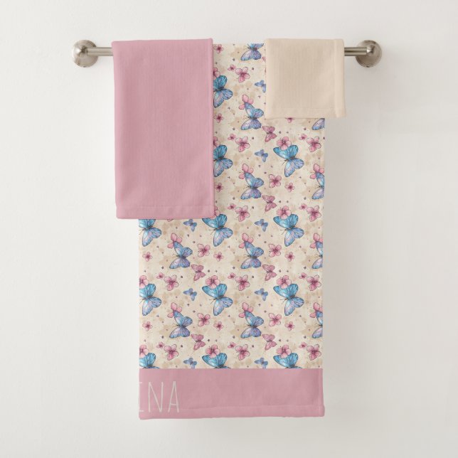 Watercolor pink blue Butterfly pattern name  Bath Towel Set (Insitu)