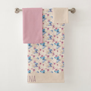 Watercolor pink blue Butterfly pattern name  Bath Towel Set