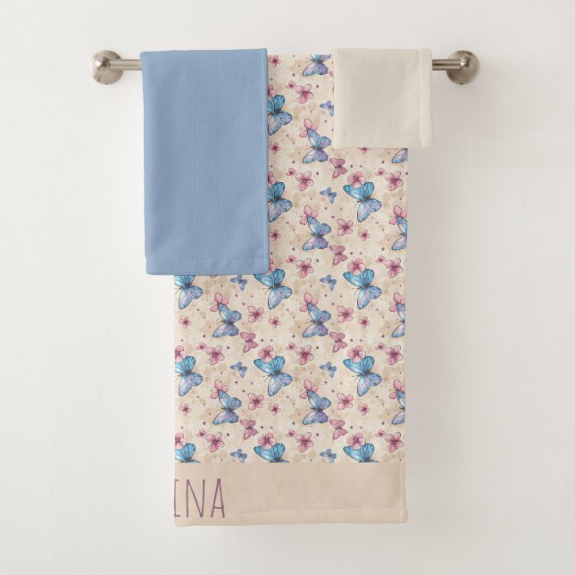 Watercolor pink blue Butterfly pattern name  Bath Towel Set (Insitu)