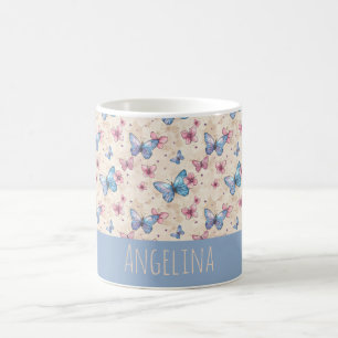 Watercolor pink blue Butterfly pattern name Coffee Mug