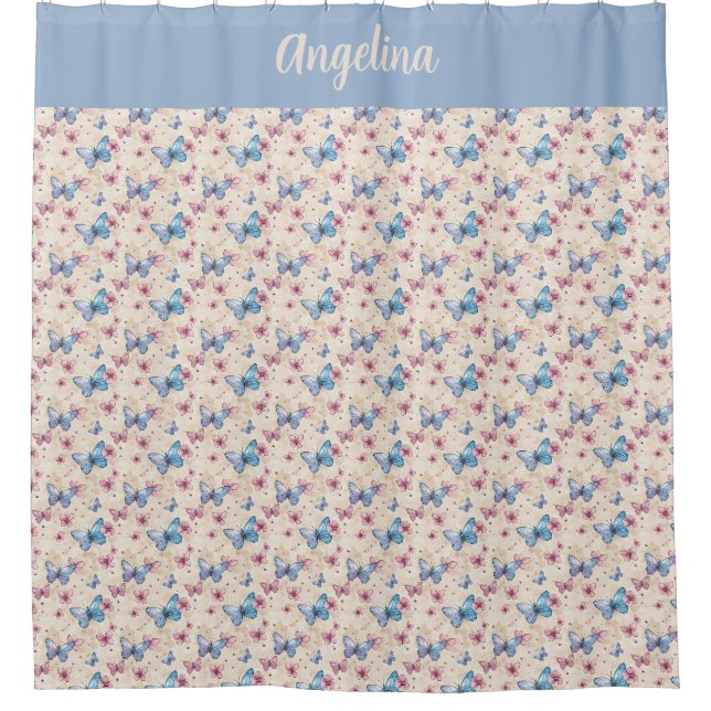 Watercolor pink blue Butterfly pattern name  Shower Curtain (Front)