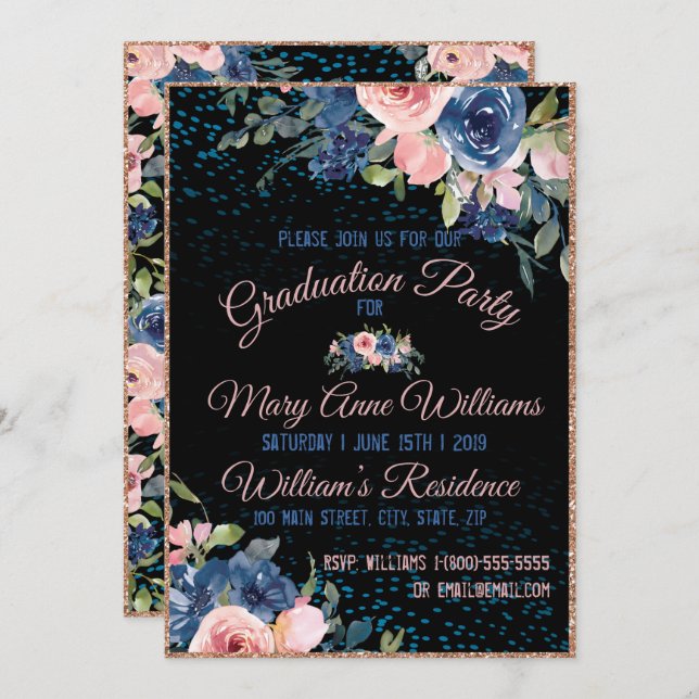 Watercolor Pink Blue Elegant Floral Graduation Invitation (Front/Back)
