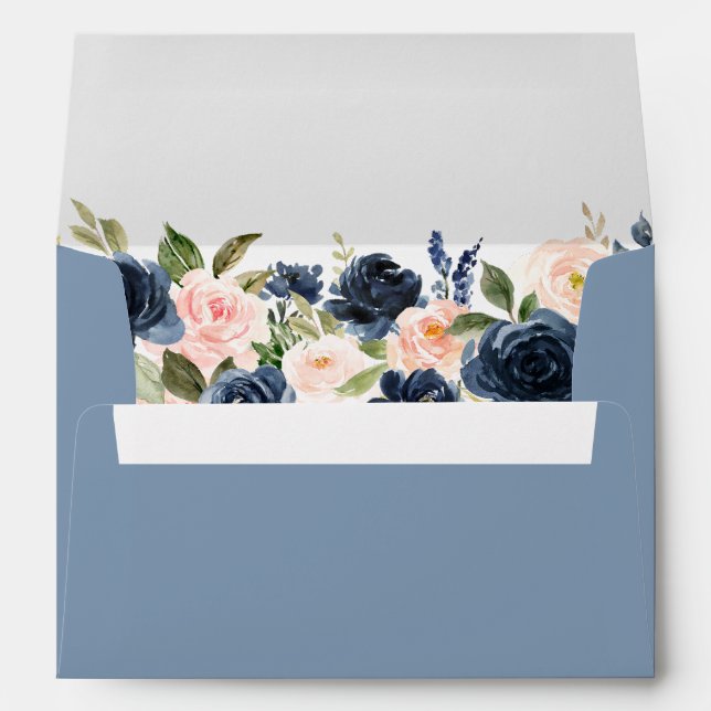 Watercolor Pink Blue Floral Dusty Blue Invitation Envelope (Back (Bottom))