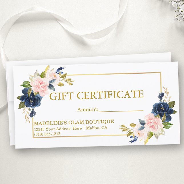 Watercolor Pink Blue Floral Gold Gift Certificate (Customize to change text size, style, color or to add text to back of certificate.)