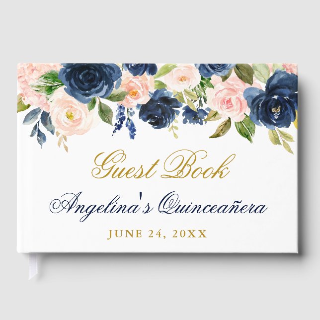 Watercolor Pink Blue Floral Quinceanera  Guest Book (Front)