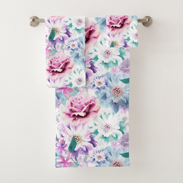Watercolor pink, blue flowers. bath towel set (Insitu)