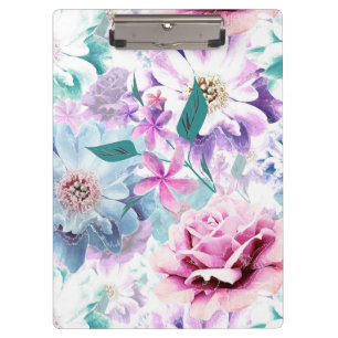 Watercolor pink, blue flowers.  clipboard