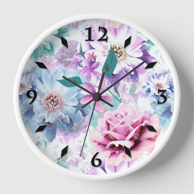 Watercolor pink, blue flowers. clock (Front)