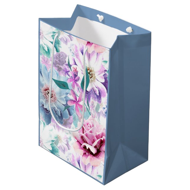 Watercolor pink, blue flowers.  medium gift bag (Front Angled)