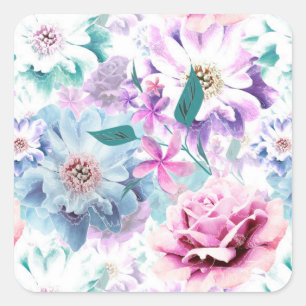 Watercolor pink, blue flowers. square sticker
