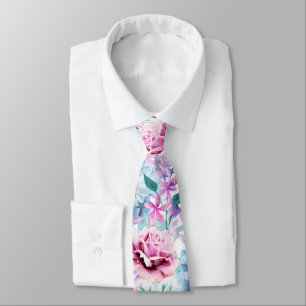 Watercolor pink, blue flowers. tie