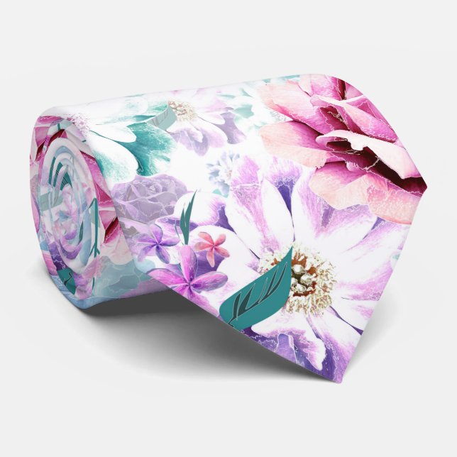 Watercolor pink, blue flowers.  tie (Rolled)