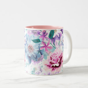 Watercolor pink, blue flowers. Two-Tone coffee mug