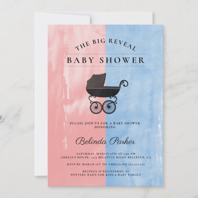 Watercolor Pink + Blue Gender Reveal Baby Shower Invitation (Front)