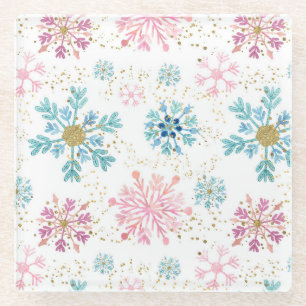 Watercolor Pink, Blue & Gold Winter Snowflakes Glass Coaster