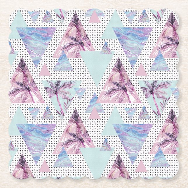 Watercolor Pink & Blue Palm Tree Pattern Paper Coaster (Front)