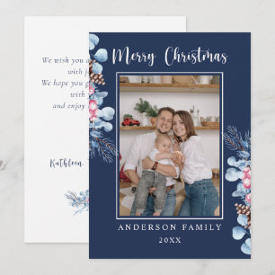 Watercolor Pink Blue Pine Branch Family Photo Holiday Card