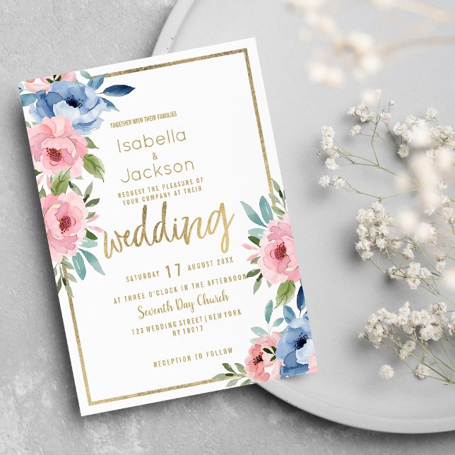 Watercolor pink blue white gold floral Wedding Invitation (Watercolor pink blue white gold floral Wedding)