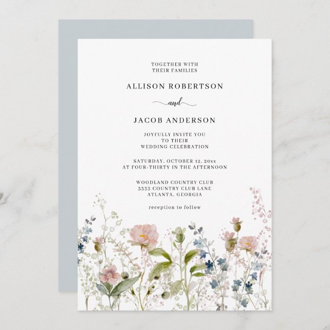 Watercolor Pink Blue Wildflower Floral Wedding Invitation (Front/Back)